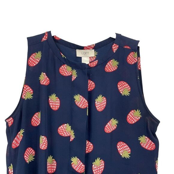 Loft strawberry print sleeveless top blouse Size XS navy blue red‎ - Picture 2 of 5